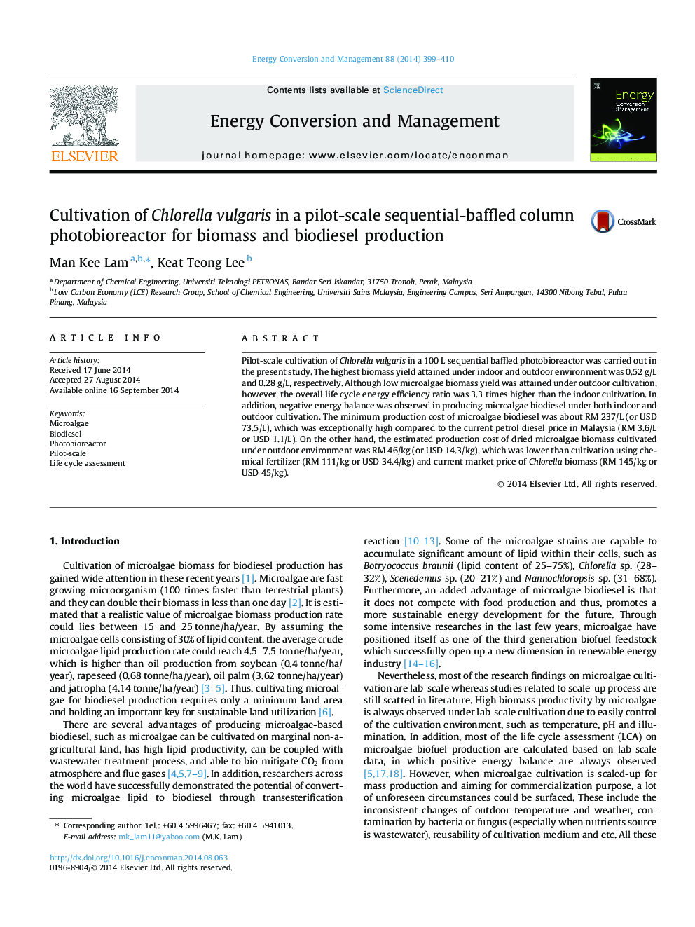 Cultivation of Chlorella vulgaris in a pilot-scale sequential-baffled column photobioreactor for biomass and biodiesel production