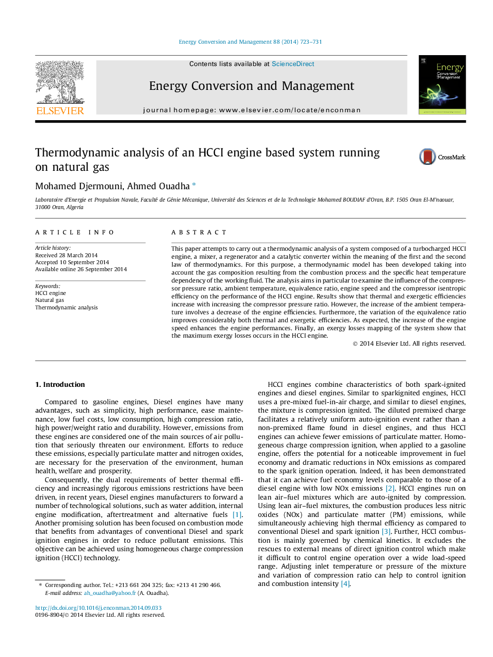 Thermodynamic analysis of an HCCI engine based system running on natural gas