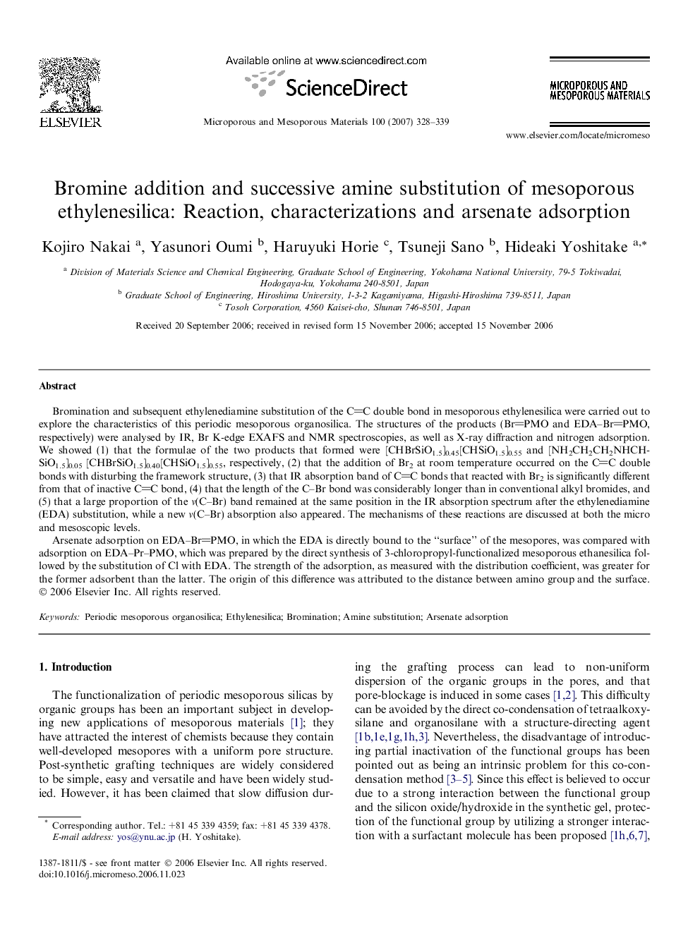 Bromine addition and successive amine substitution of mesoporous ethylenesilica: Reaction, characterizations and arsenate adsorption