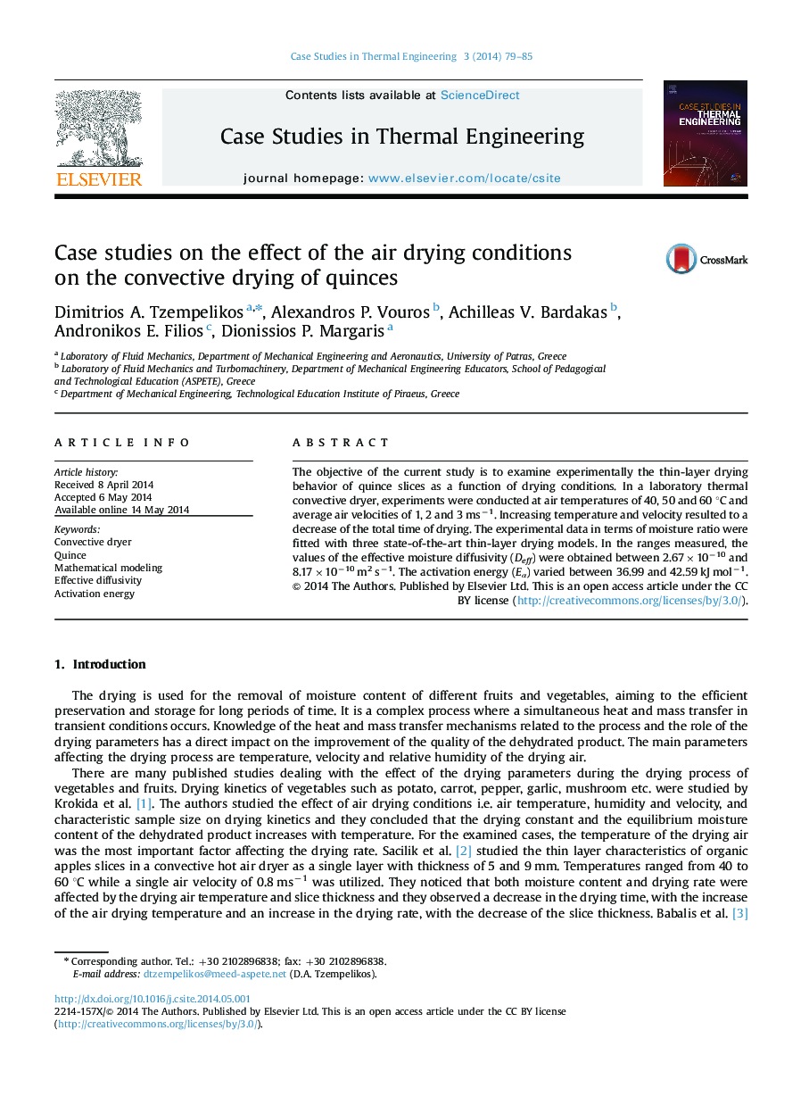 Case studies on the effect of the air drying conditions on the convective drying of quinces