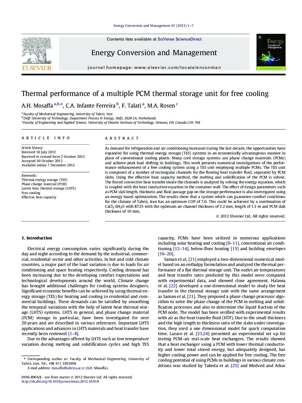 Thermal performance of a multiple PCM thermal storage unit for free cooling