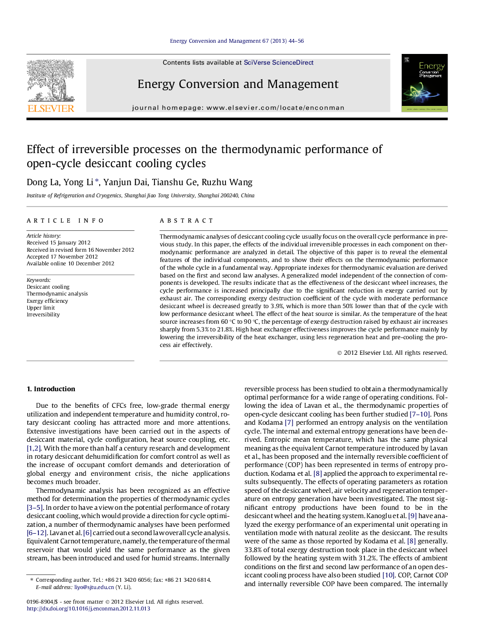 Effect of irreversible processes on the thermodynamic performance of open-cycle desiccant cooling cycles