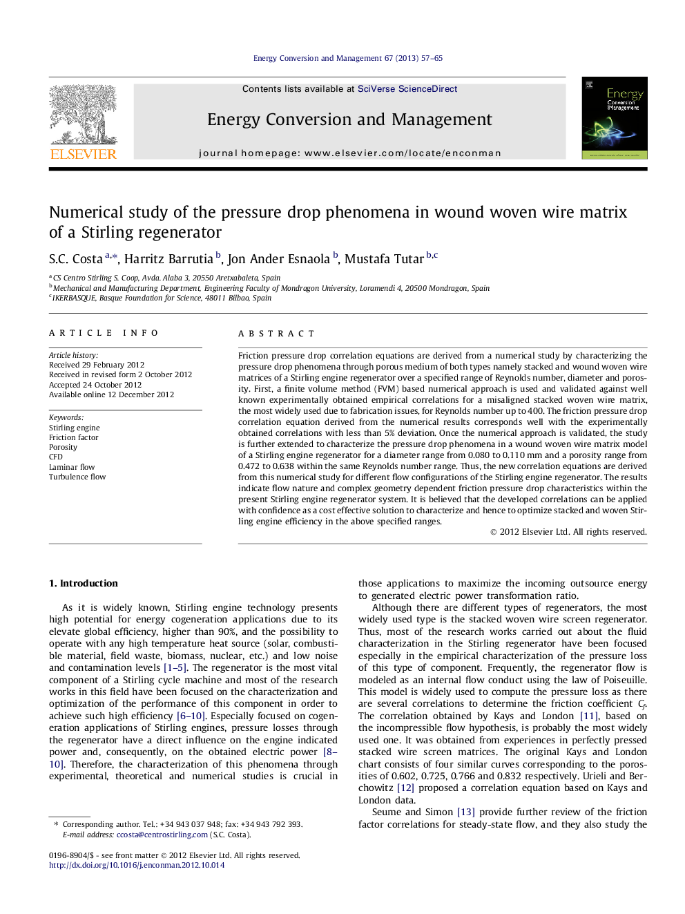 عکس صفحه اول مقاله: Numerical study of the pressure drop phenomena in wound woven wire matrix of a Stirling regenerator Numerical study of the pressure drop phenomena in wound woven wire matrix of a Stirling regenerator