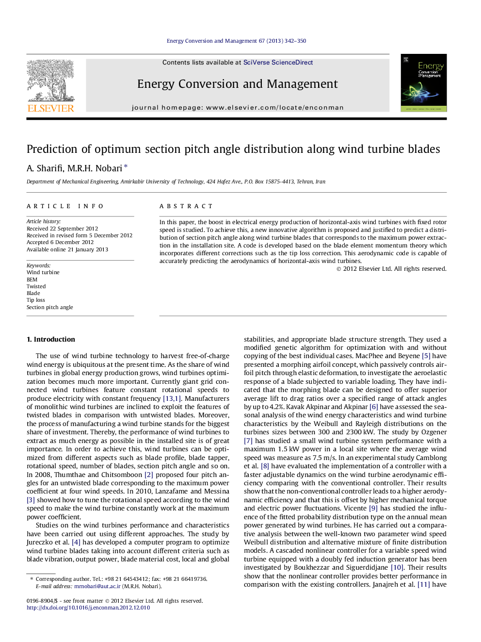 Prediction of optimum section pitch angle distribution along wind turbine blades