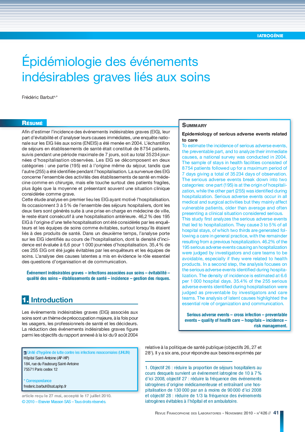 Ãpidémiologie des événements indésirables graves liés aux soins