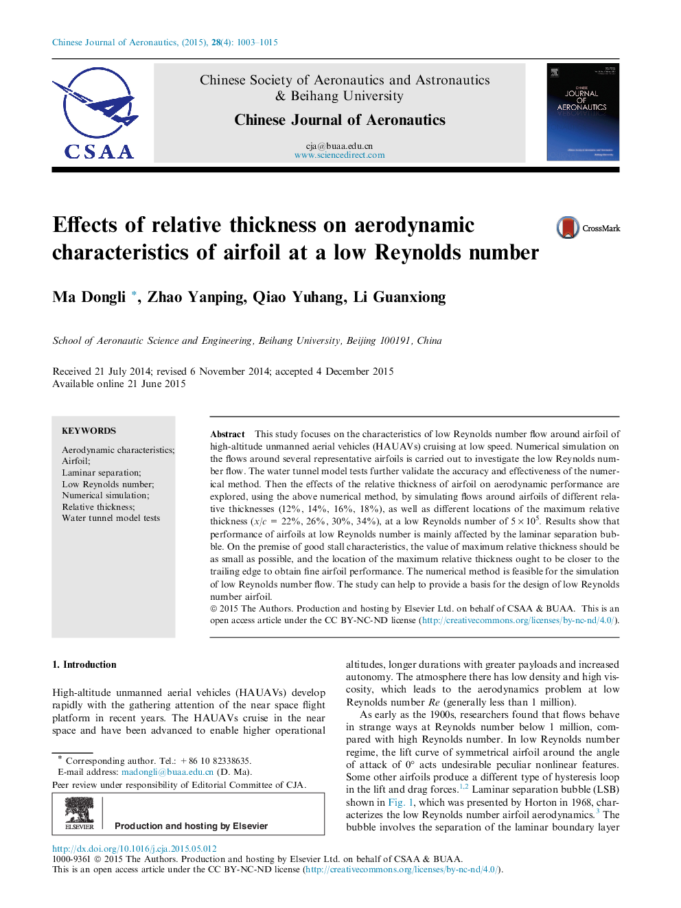 Effects of relative thickness on aerodynamic characteristics of airfoil at a low Reynolds number 