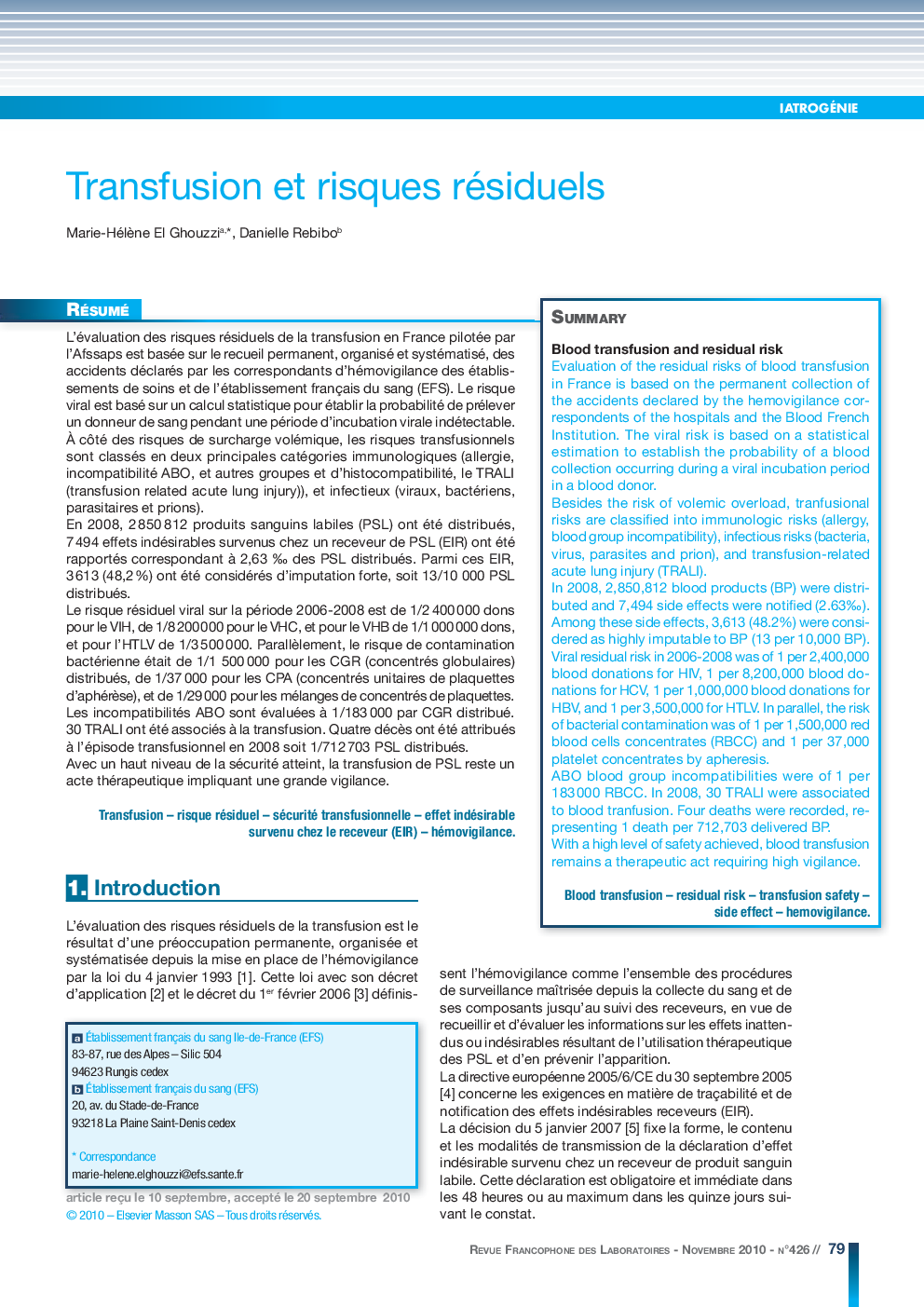 Transfusion et risques résiduels