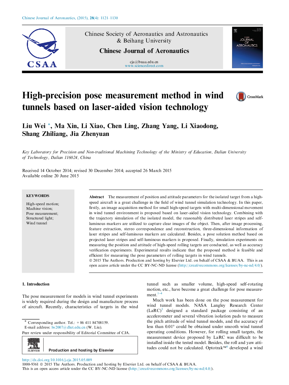 High-precision pose measurement method in wind tunnels based on laser-aided vision technology 