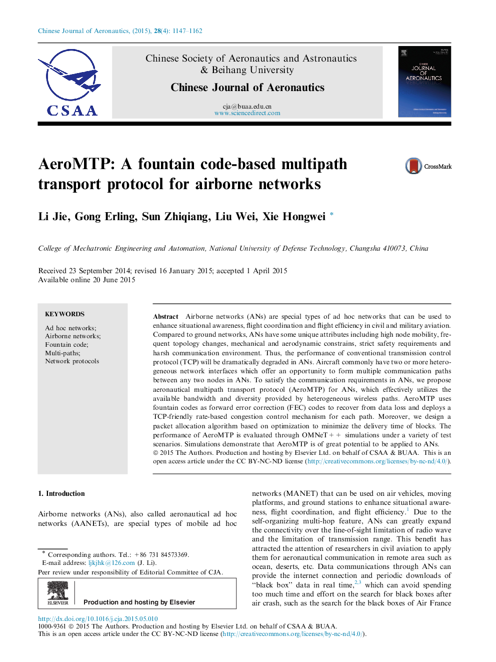 AeroMTP: A fountain code-based multipath transport protocol for airborne networks 