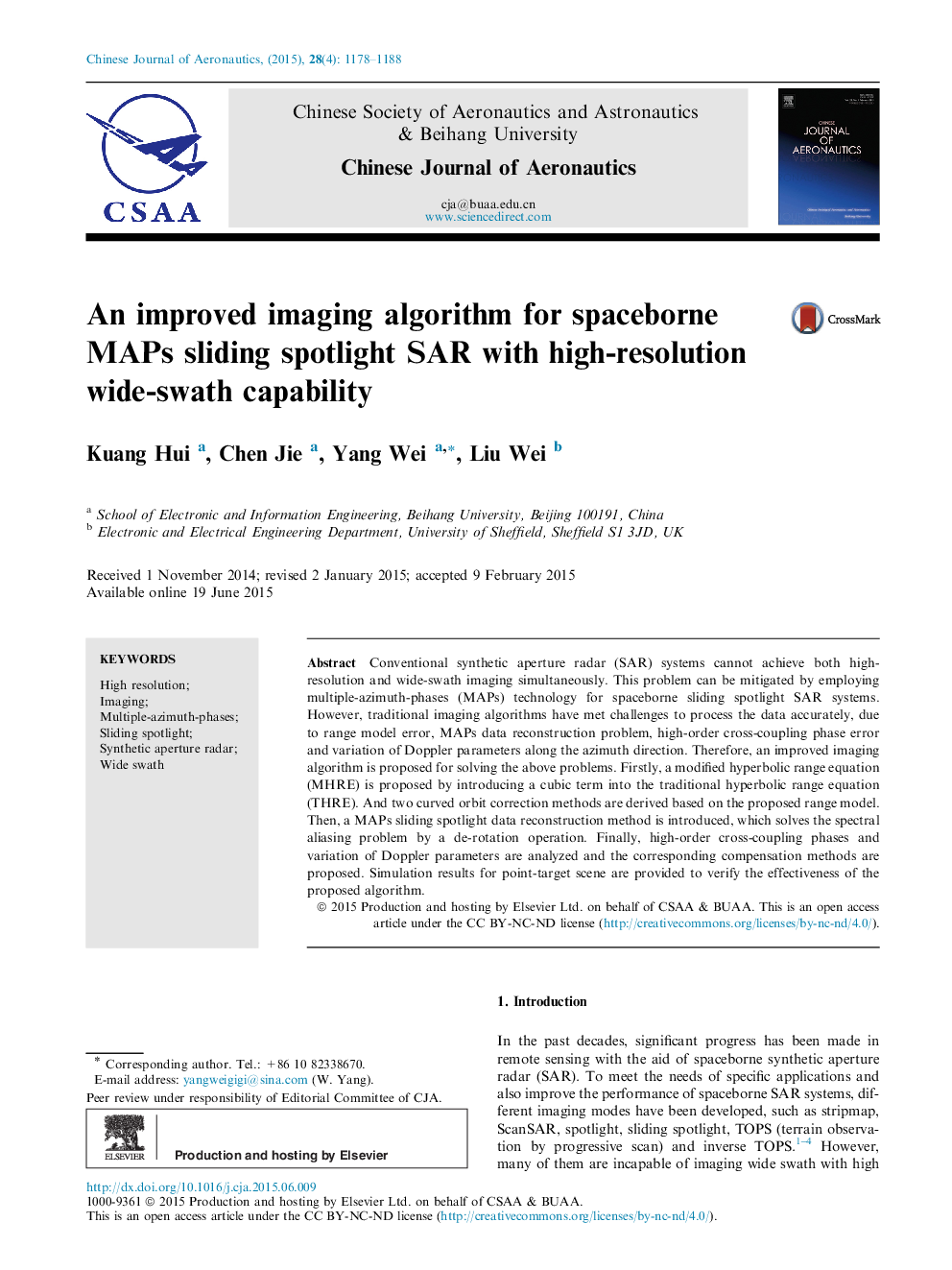 An improved imaging algorithm for spaceborne MAPs sliding spotlight SAR with high-resolution wide-swath capability 