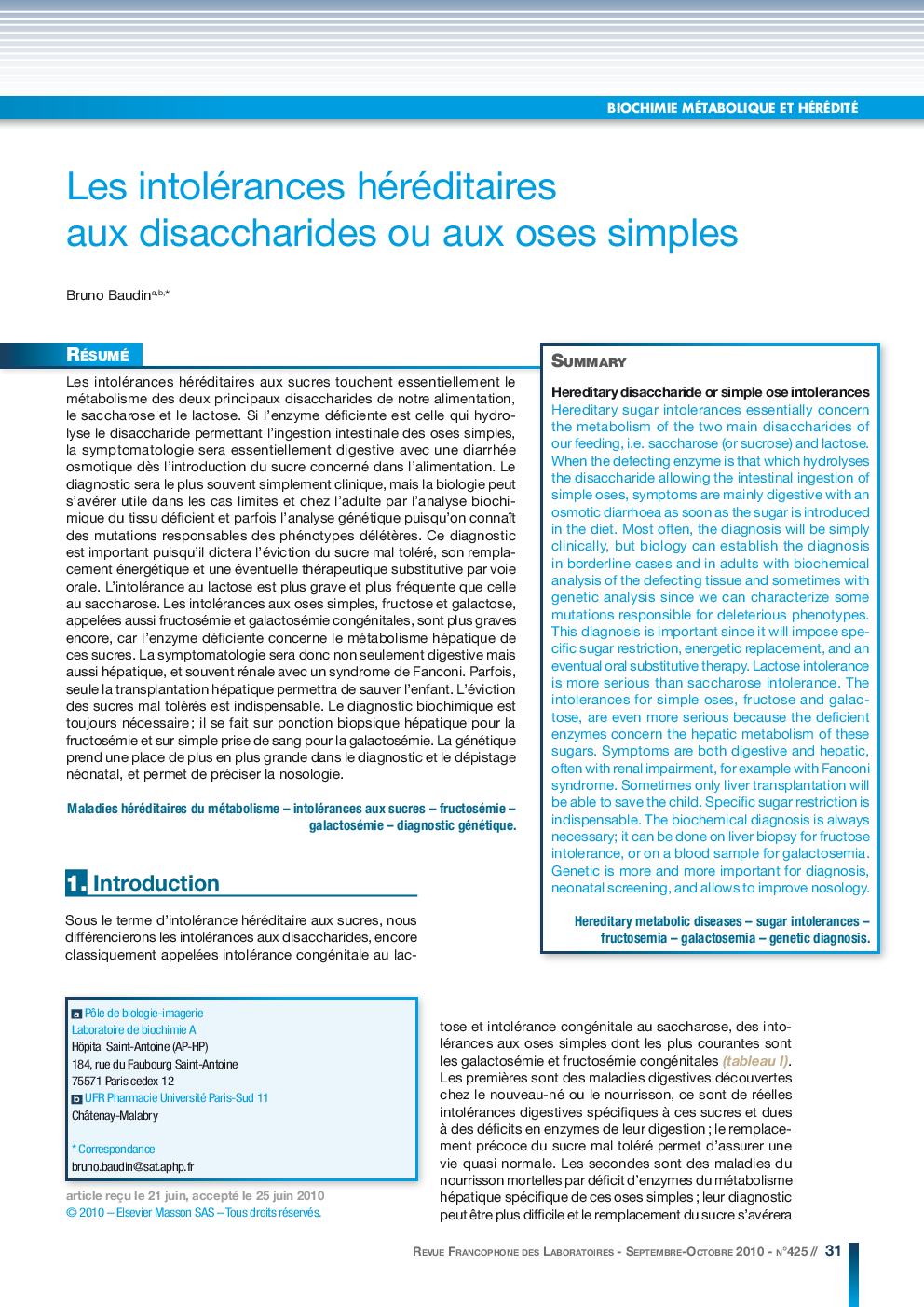 Les intolérances héréditaires aux disaccharides ou aux oses simples