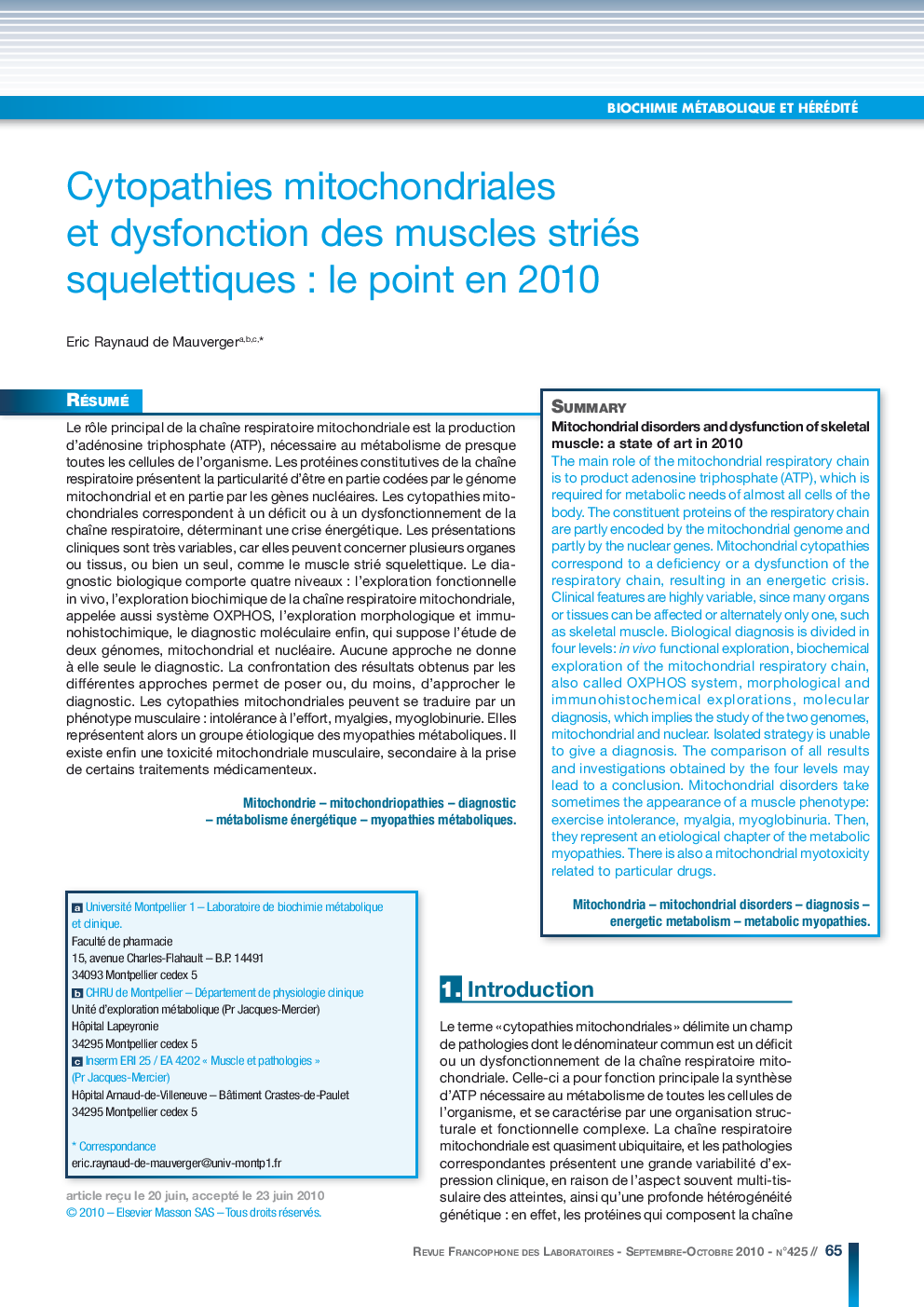 Cytopathies mitochondriales et dysfonction des muscles striés squelettiques : le point en 2010