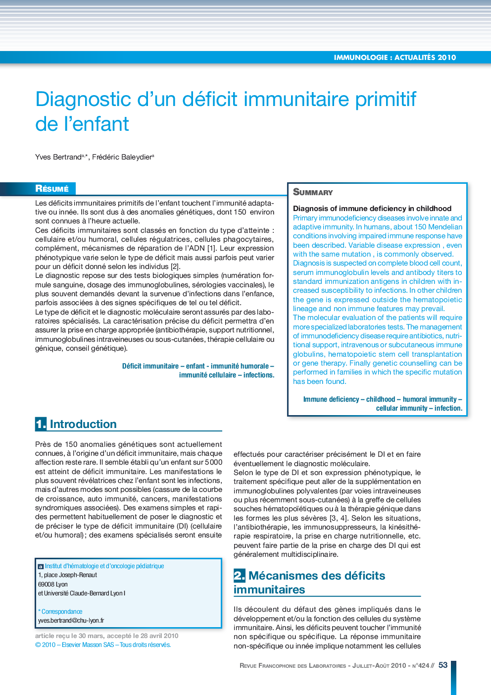 Diagnostic d'un déficit immunitaire primitif de l'enfant