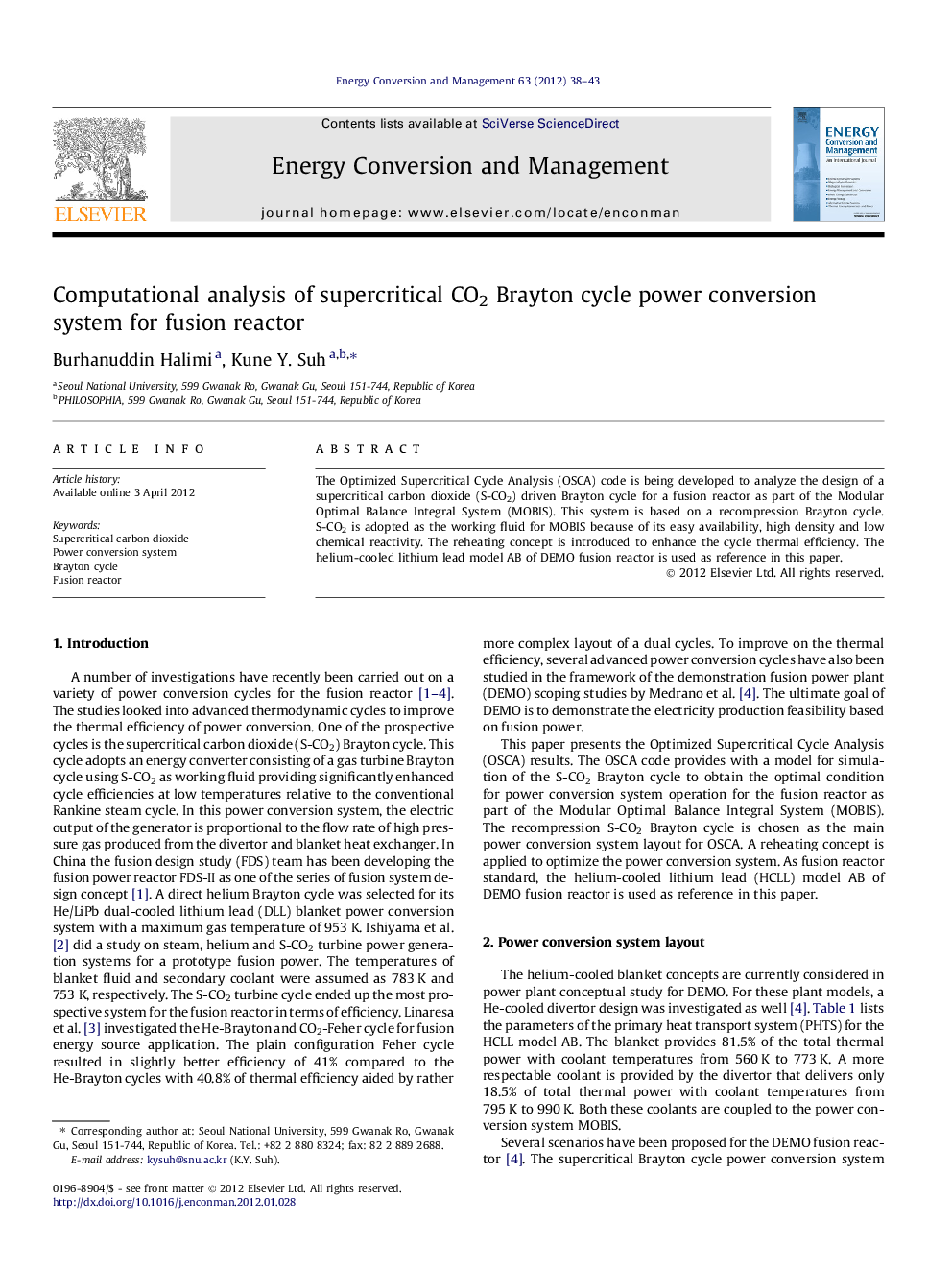 Computational analysis of supercritical CO2 Brayton cycle power conversion system for fusion reactor