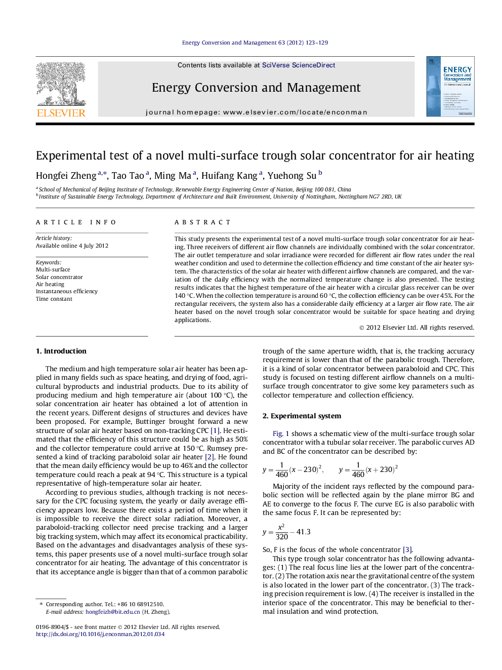 Experimental test of a novel multi-surface trough solar concentrator for air heating