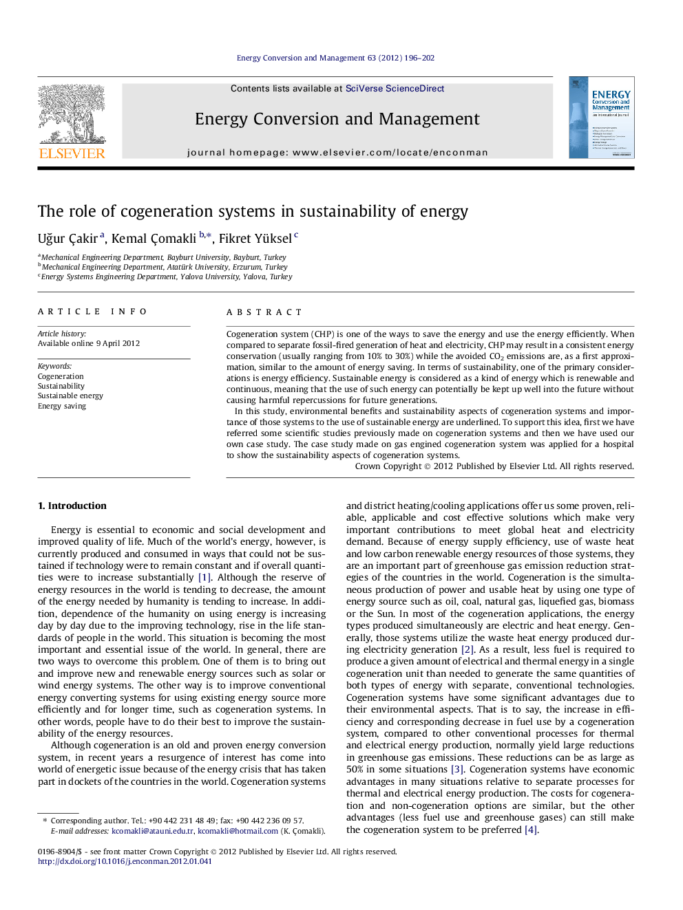 The role of cogeneration systems in sustainability of energy