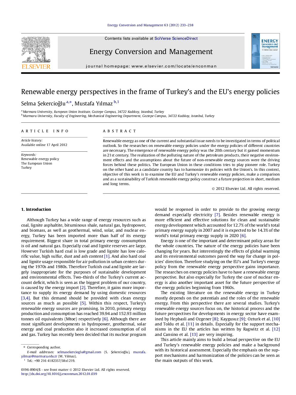 Renewable energy perspectives in the frame of Turkey’s and the EU’s energy policies