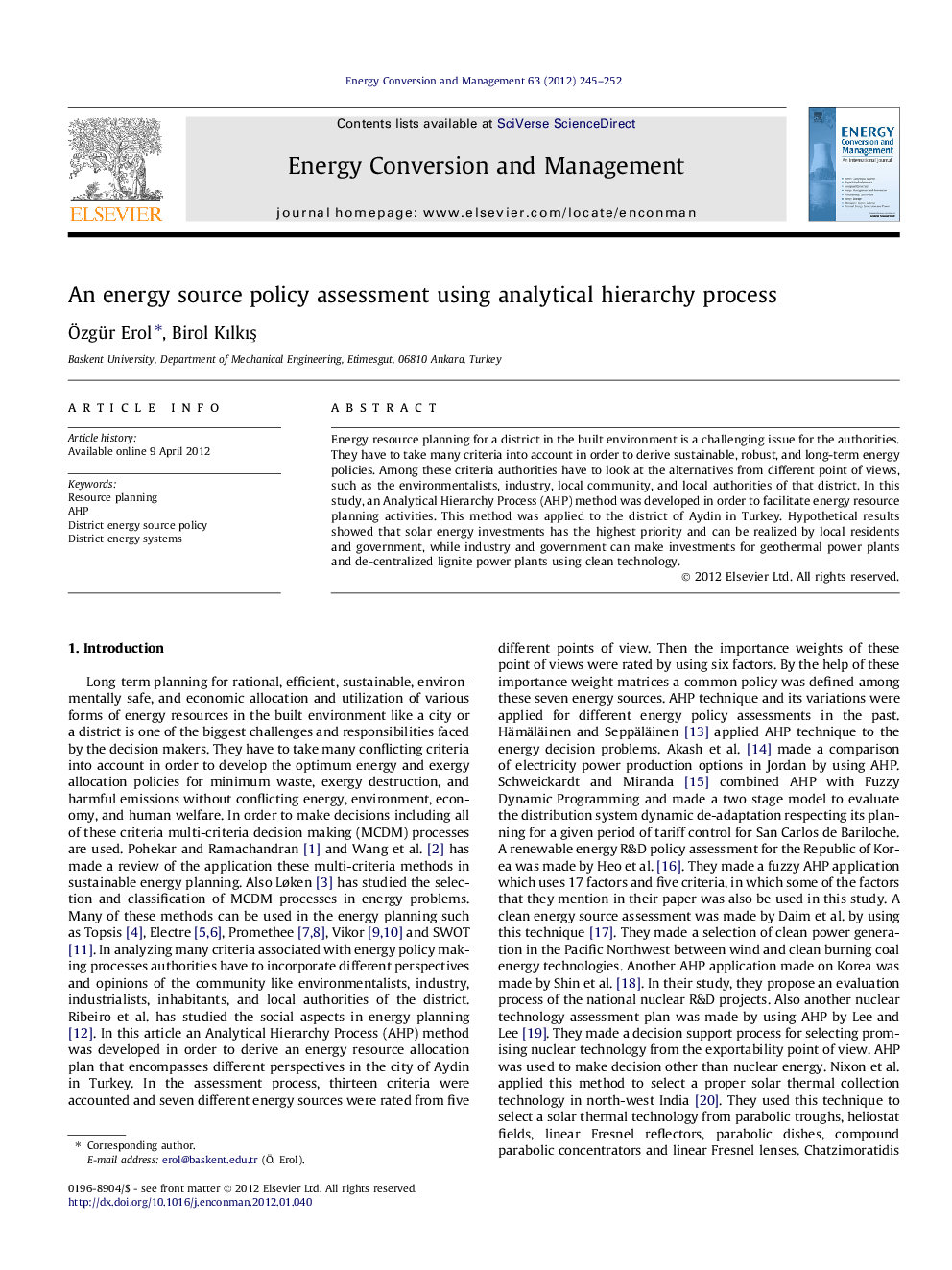 An energy source policy assessment using analytical hierarchy process
