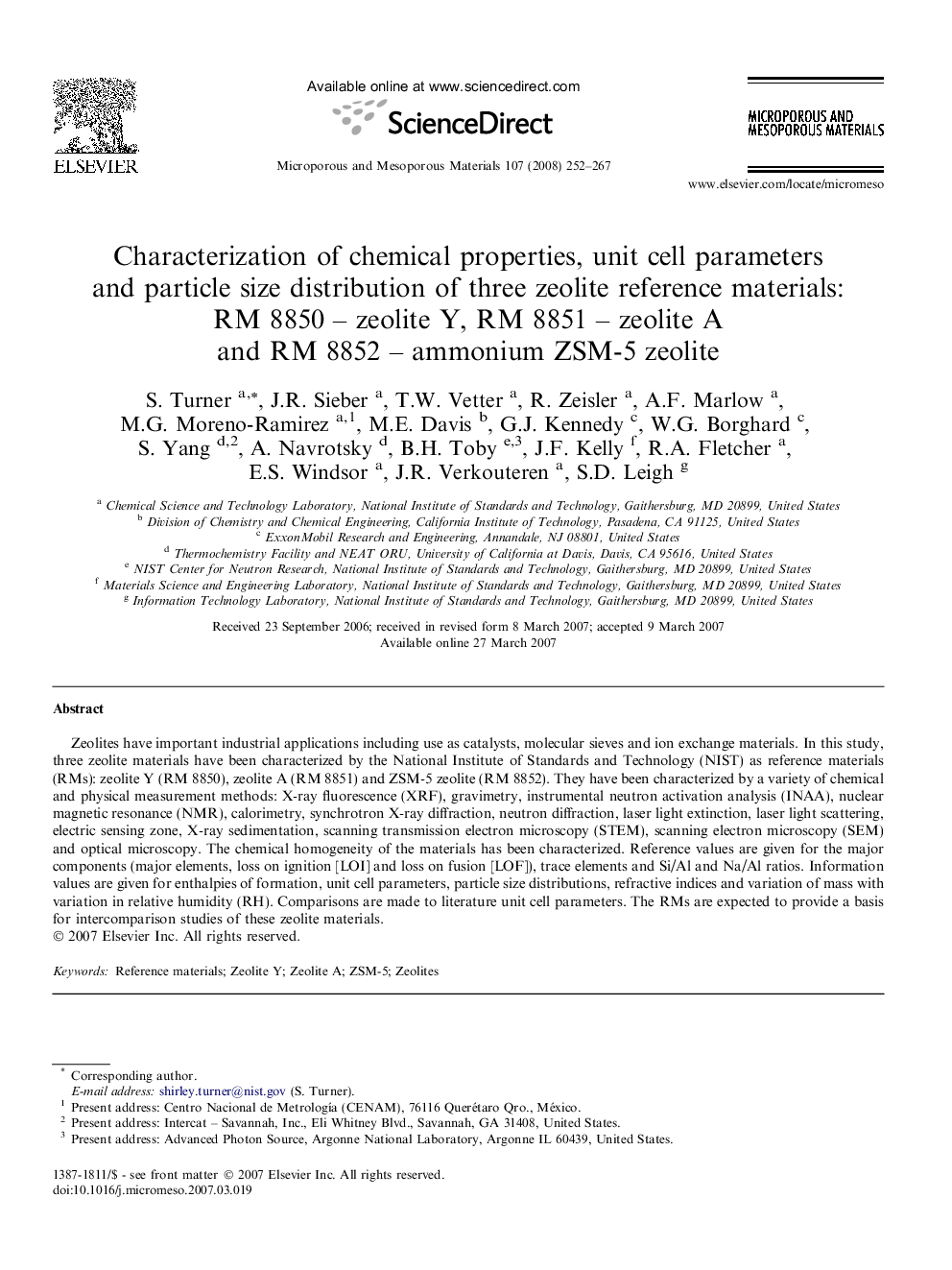 Characterization of chemical properties, unit cell parameters and particle size distribution of three zeolite reference materials: RM 8850 – zeolite Y, RM 8851 – zeolite A and RM 8852 – ammonium ZSM-5 zeolite