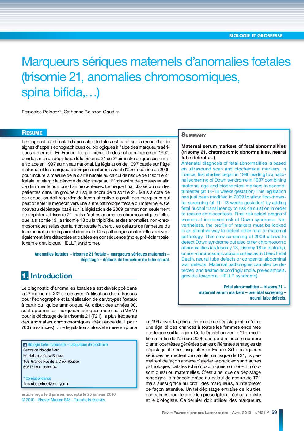 Marqueurs sériques maternels d'anomalies fÅtales (trisomie 21, anomalies chromosomiques, spina bifida,â¦)