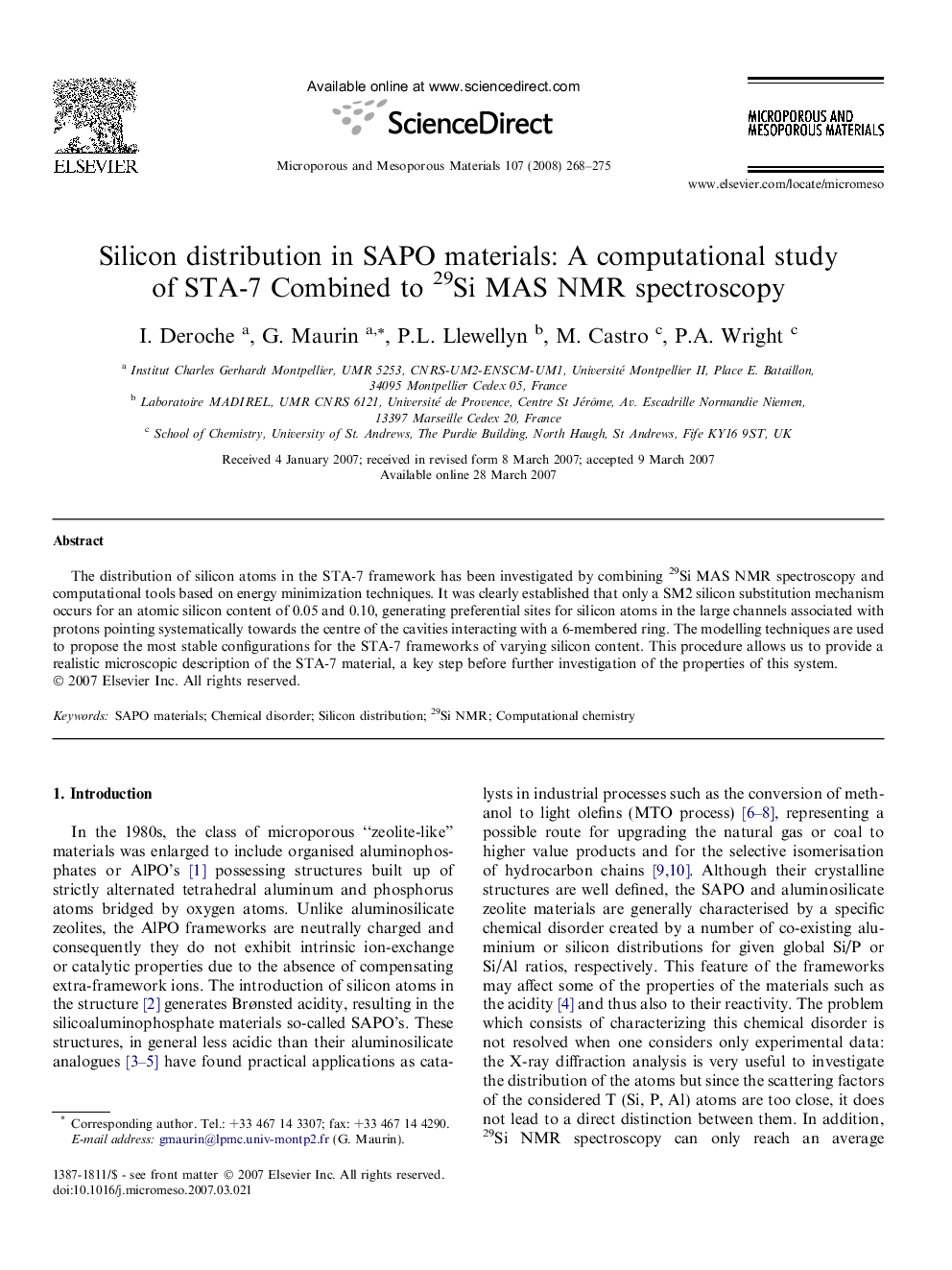 Silicon distribution in SAPO materials: A computational study of STA-7 Combined to 29Si MAS NMR spectroscopy