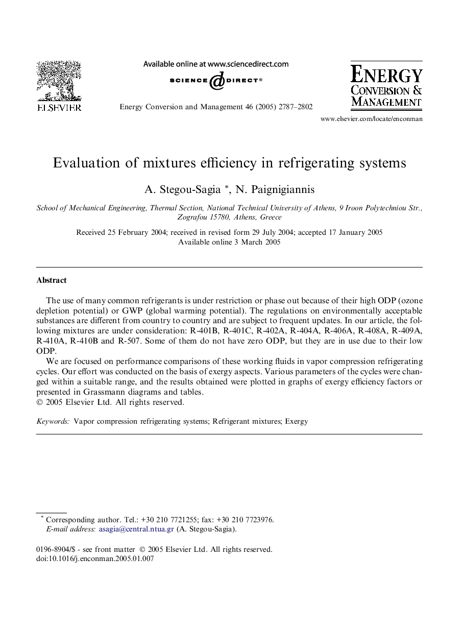 Evaluation of mixtures efficiency in refrigerating systems