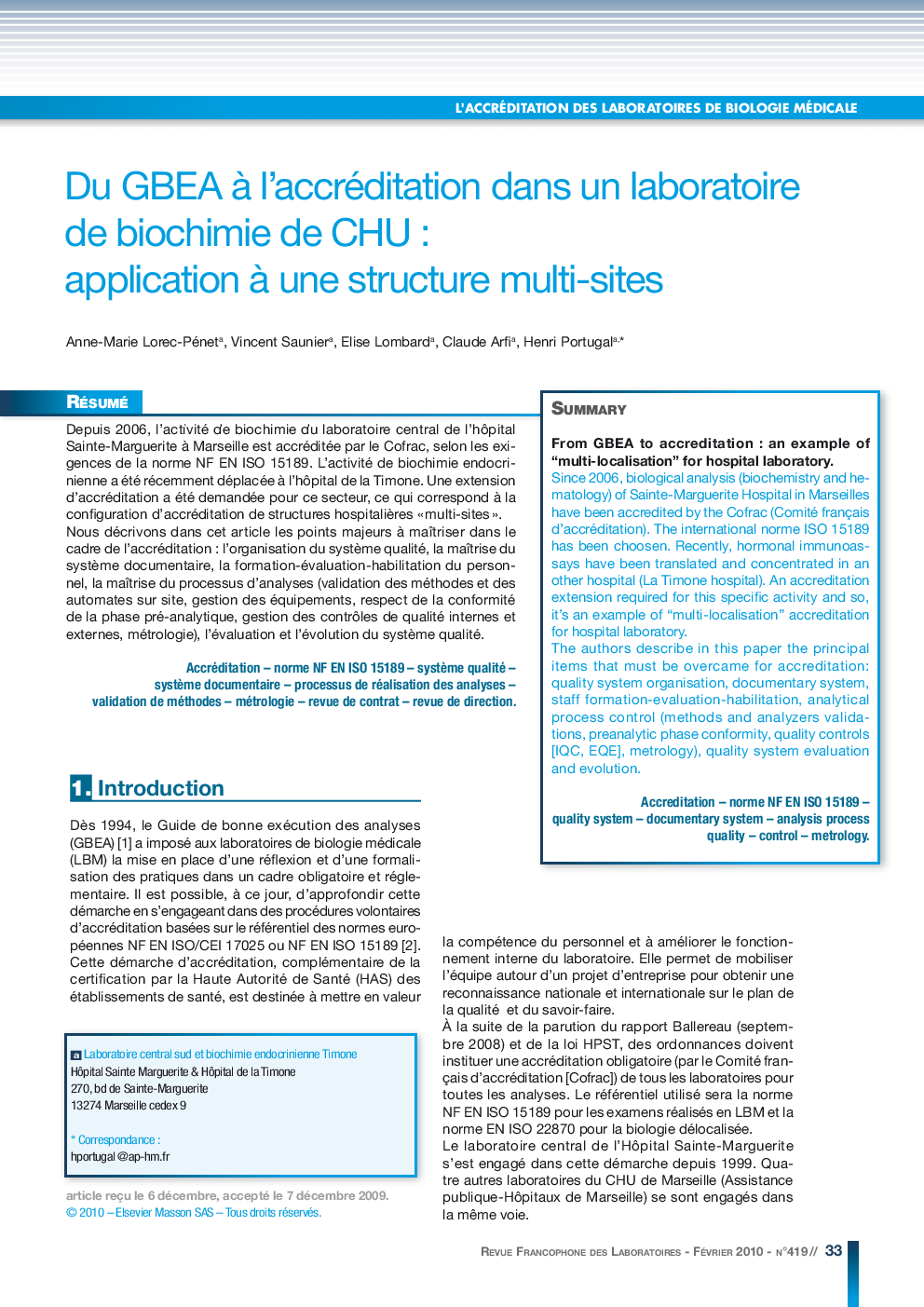 Du GBEA Ã  l'accréditation dans un laboratoire de biochimie de CHU : application Ã  une structure multi-sites