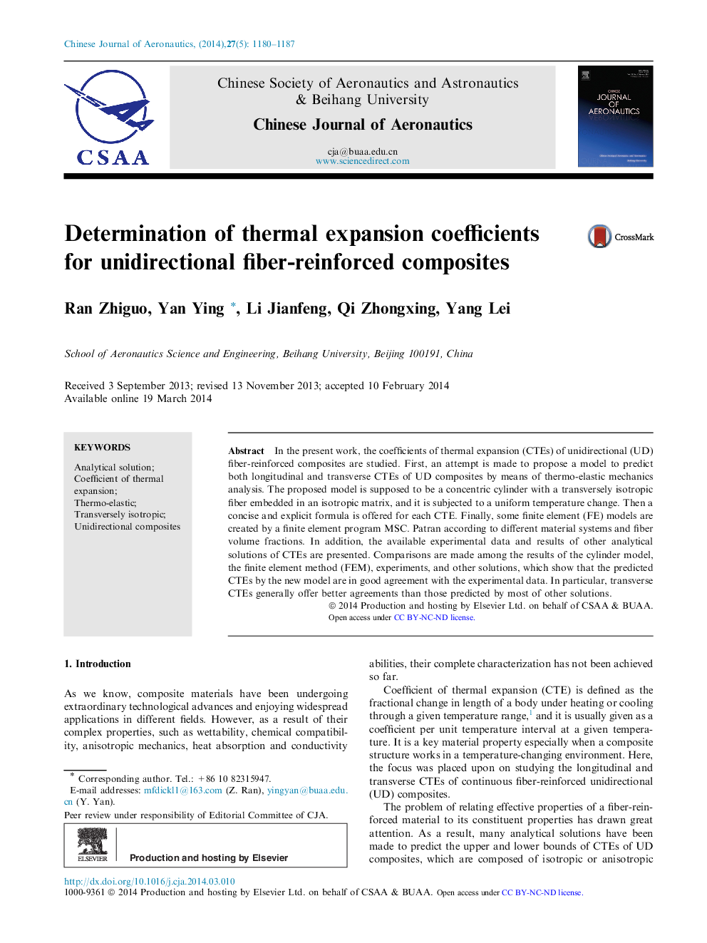 Determination of thermal expansion coefficients for unidirectional fiber-reinforced composites 