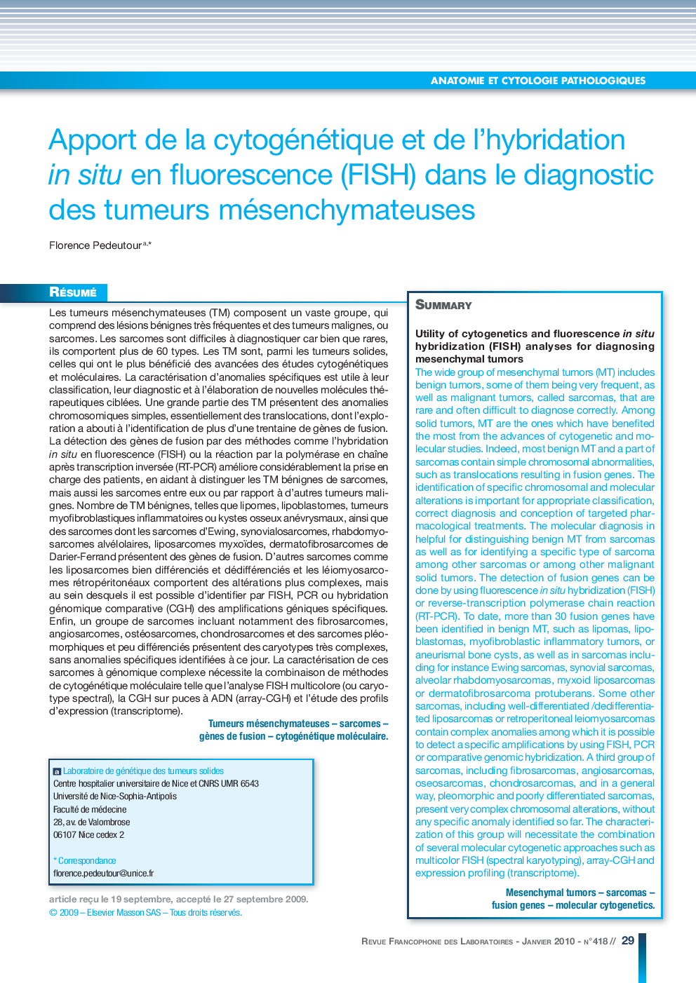 Apport de la cytogénétique et de l'hybridation in situ en fluorescence (FISH) dans le diagnostic des tumeurs mésenchymateuses