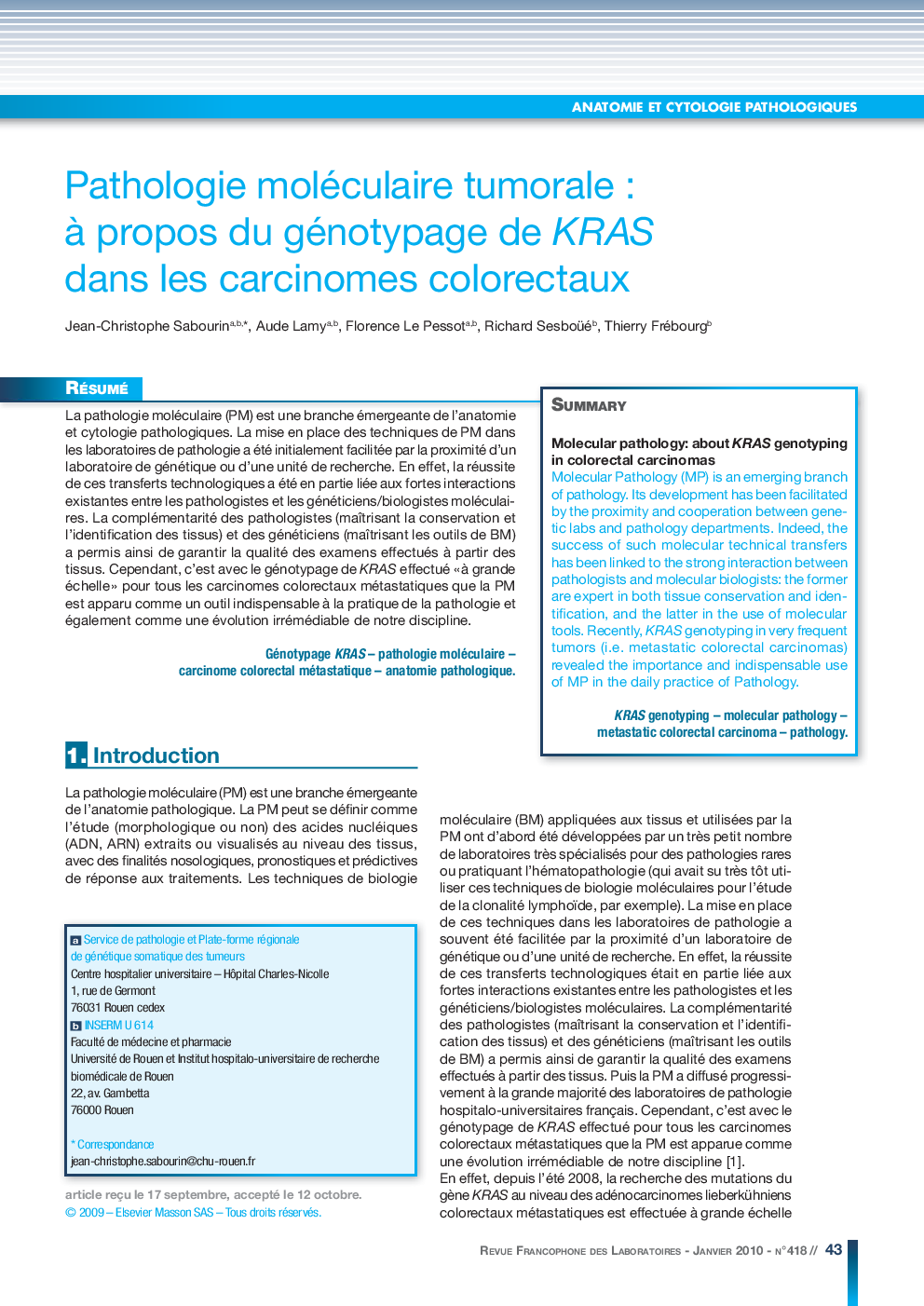 Pathologie moléculaire tumorale : Ã  propos du génotypage de KRAS dans les carcinomes colorectaux