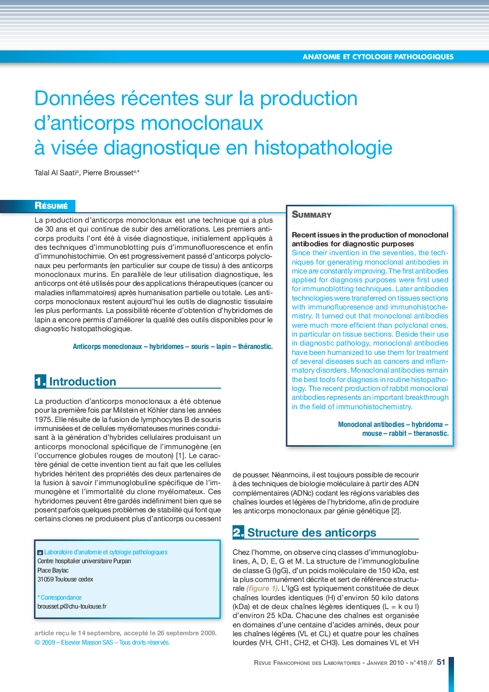 Données récentes sur la production d'anticorps monoclonaux Ã  visée diagnostique en histopathologie