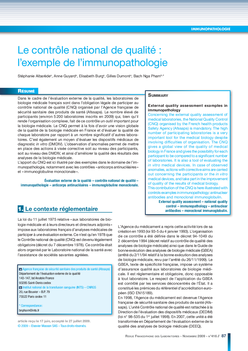 Le contrÃ´le national de qualité : l'exemple de l'immunopathologie