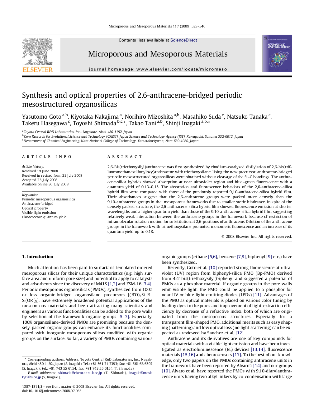 Synthesis and optical properties of 2,6-anthracene-bridged periodic mesostructured organosilicas