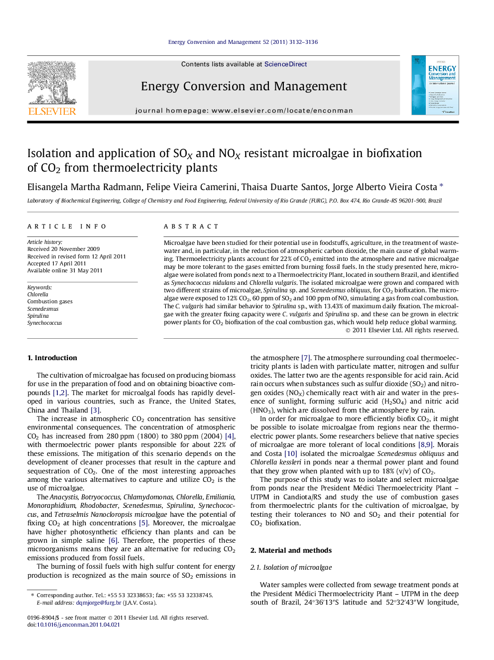 Isolation and application of SOX and NOX resistant microalgae in biofixation of CO2 from thermoelectricity plants