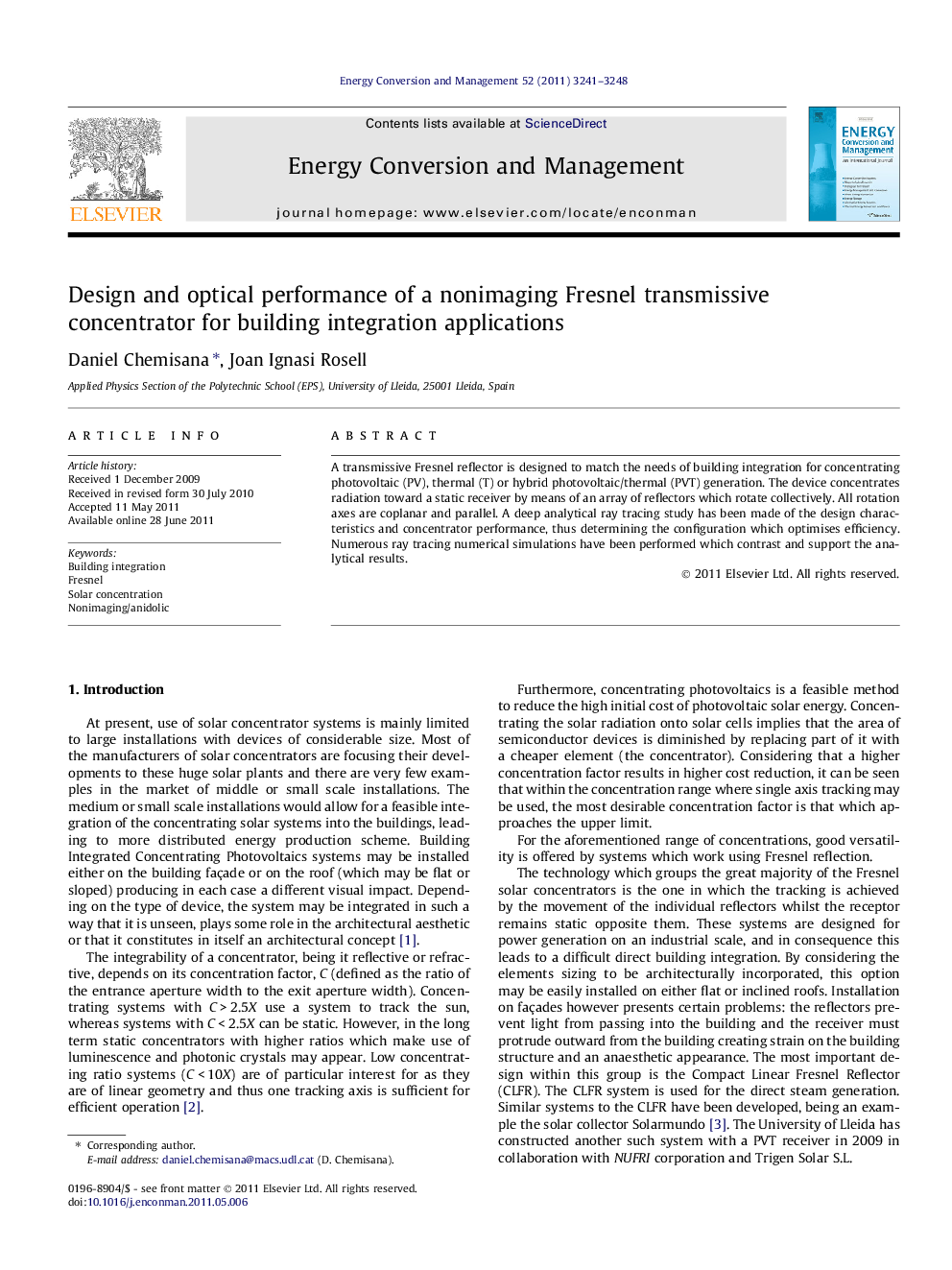 Design and optical performance of a nonimaging Fresnel transmissive concentrator for building integration applications