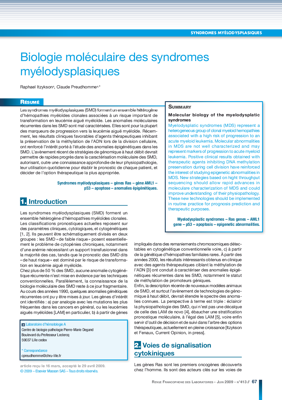 Biologie moléculaire des syndromes myélodysplasiques