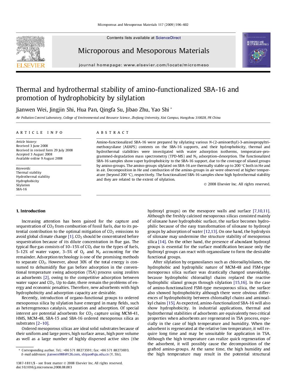 Thermal and hydrothermal stability of amino-functionalized SBA-16 and promotion of hydrophobicity by silylation