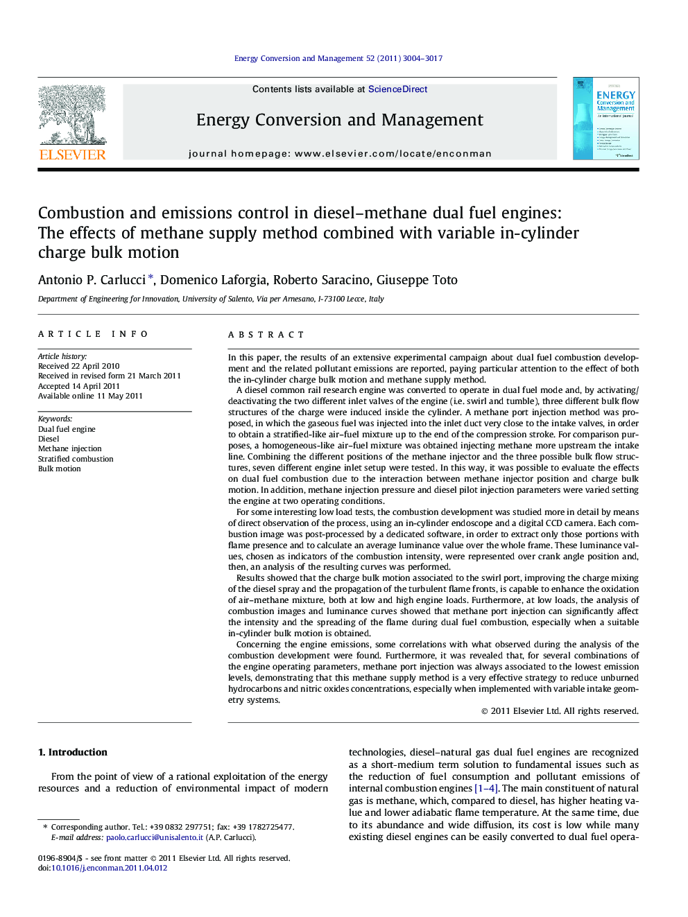 Combustion and emissions control in diesel–methane dual fuel engines: The effects of methane supply method combined with variable in-cylinder charge bulk motion