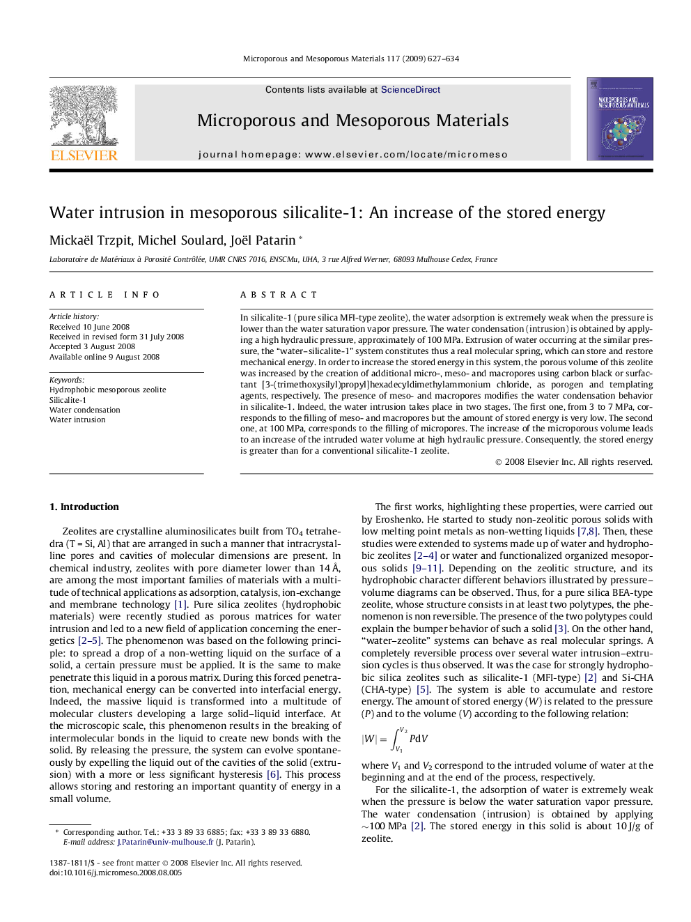 Water intrusion in mesoporous silicalite-1: An increase of the stored energy