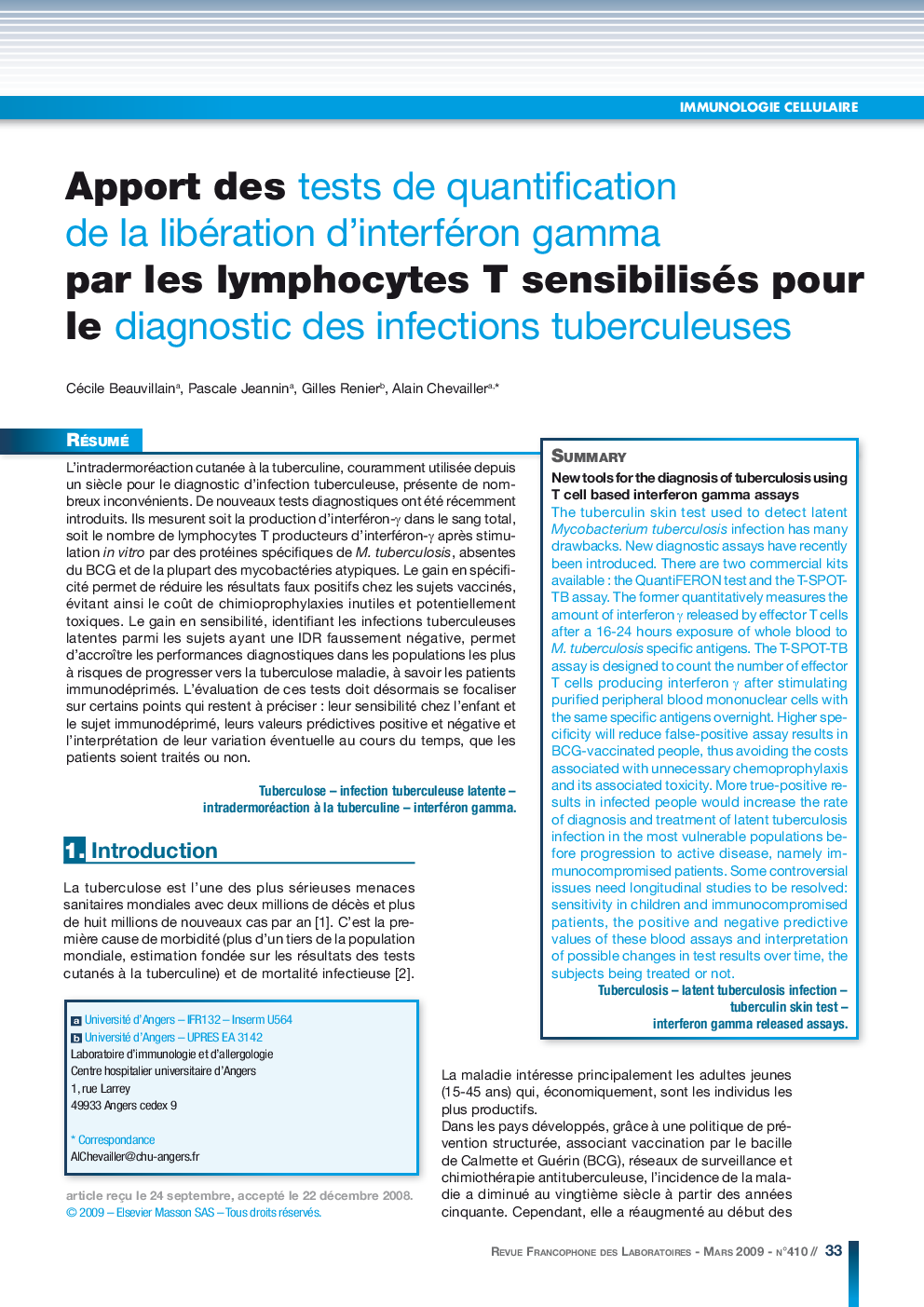 Apport des tests de quantification de la libération d'interféron gamma par les lymphocytes T sensibilisés pour le diagnostic des infections tuberculeuses