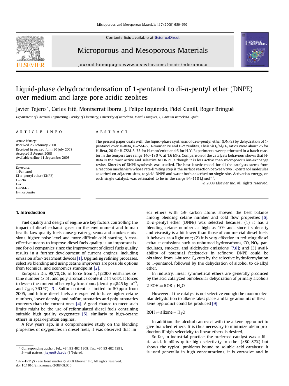 Liquid-phase dehydrocondensation of 1-pentanol to di-n-pentyl ether (DNPE) over medium and large pore acidic zeolites