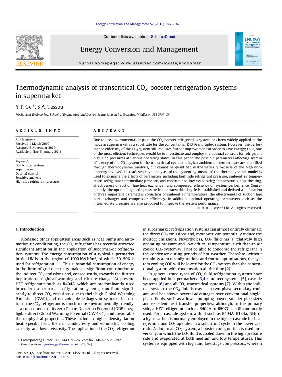 Thermodynamic analysis of transcritical CO2 booster refrigeration systems in supermarket