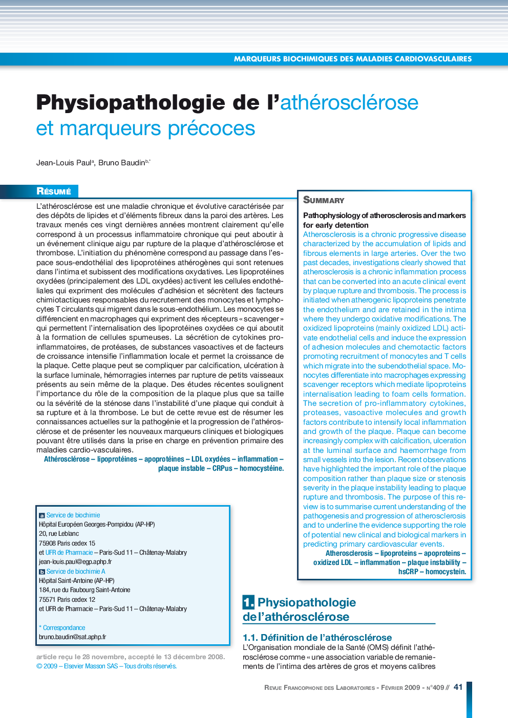 Physiopathologie de l'athérosclérose et marqueurs précoces