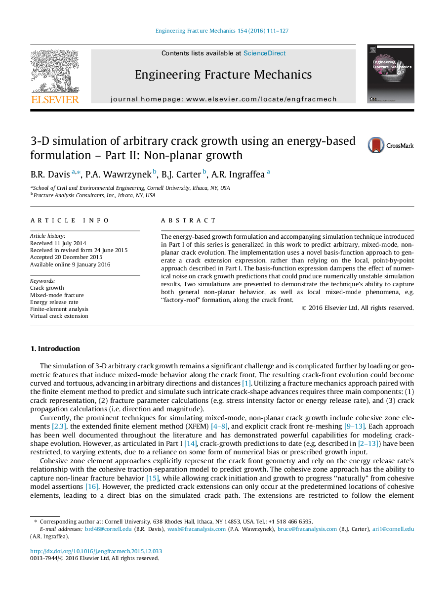 3-D simulation of arbitrary crack growth using an energy-based formulation – Part II: Non-planar growth