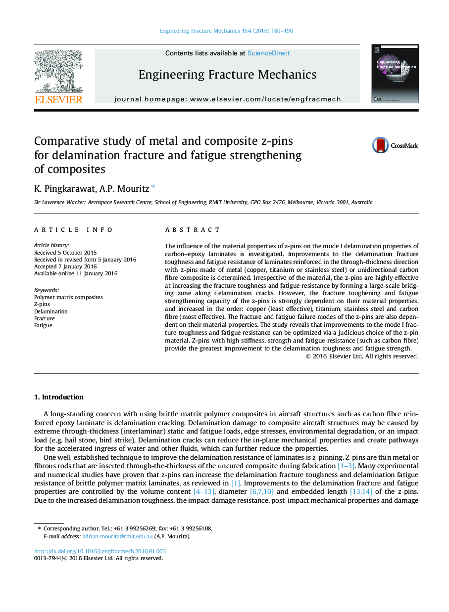 Comparative study of metal and composite z-pins for delamination fracture and fatigue strengthening of composites