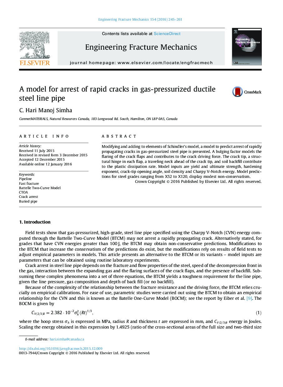 A model for arrest of rapid cracks in gas-pressurized ductile steel line pipe