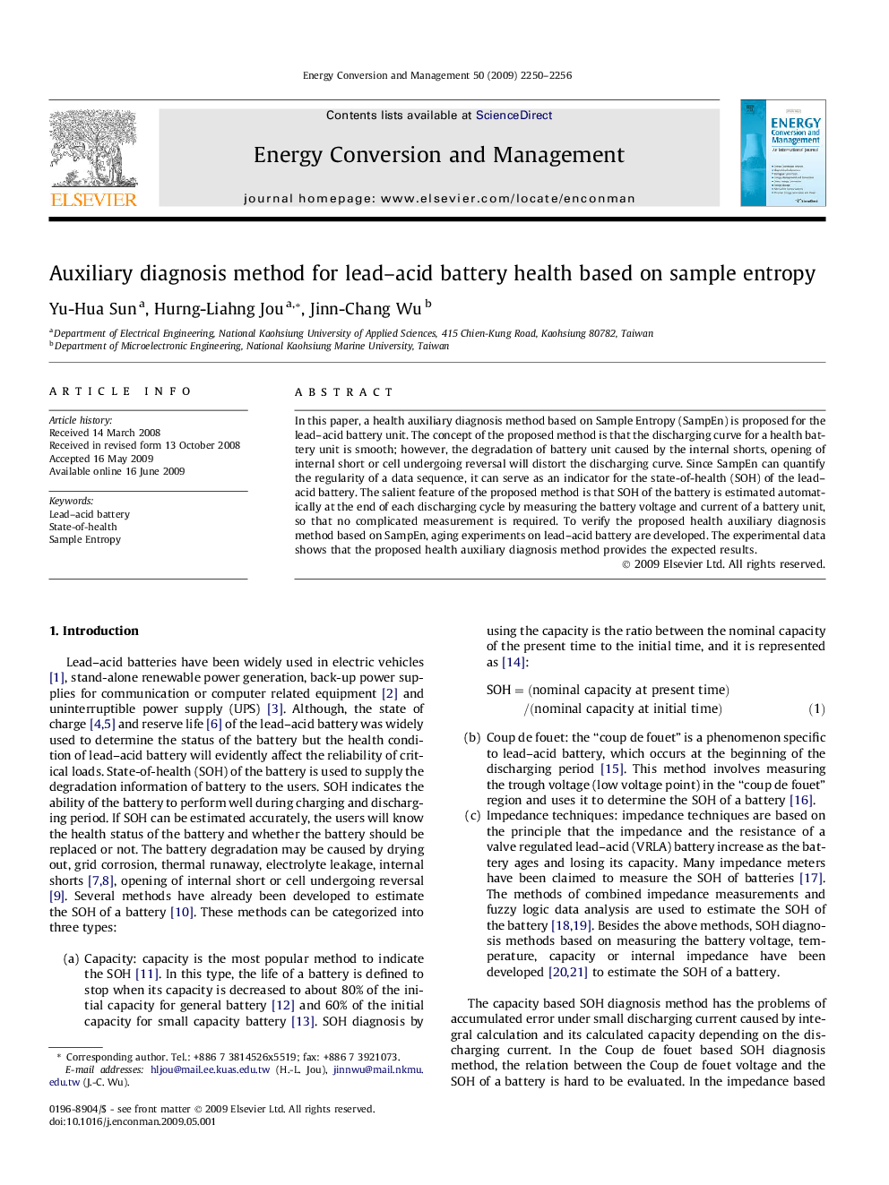 Auxiliary diagnosis method for lead–acid battery health based on sample entropy