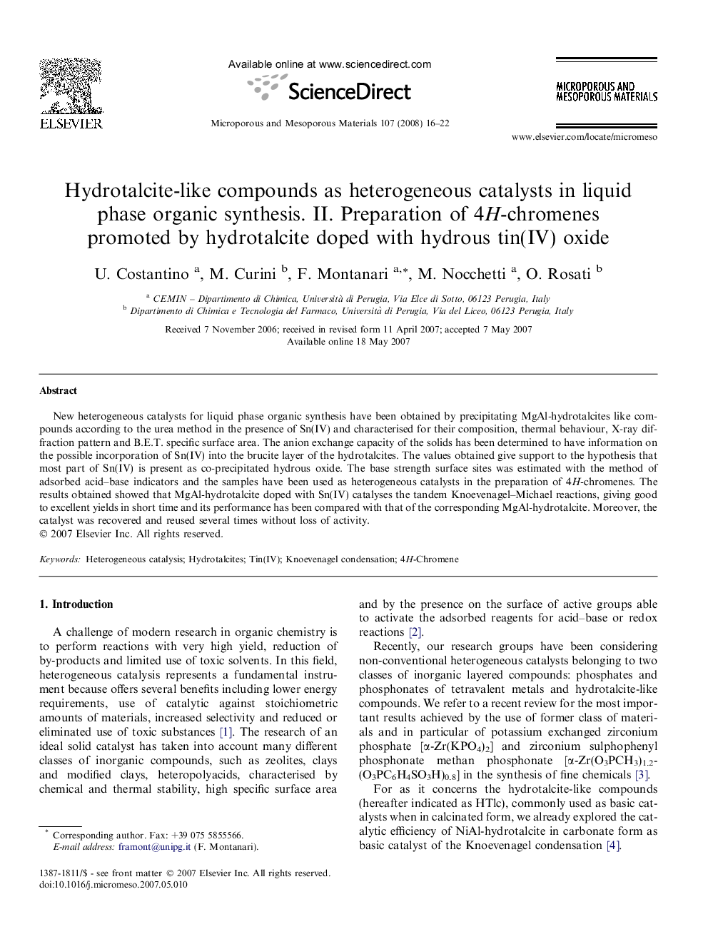 Hydrotalcite-like compounds as heterogeneous catalysts in liquid phase organic synthesis. II. Preparation of 4H-chromenes promoted by hydrotalcite doped with hydrous tin(IV) oxide