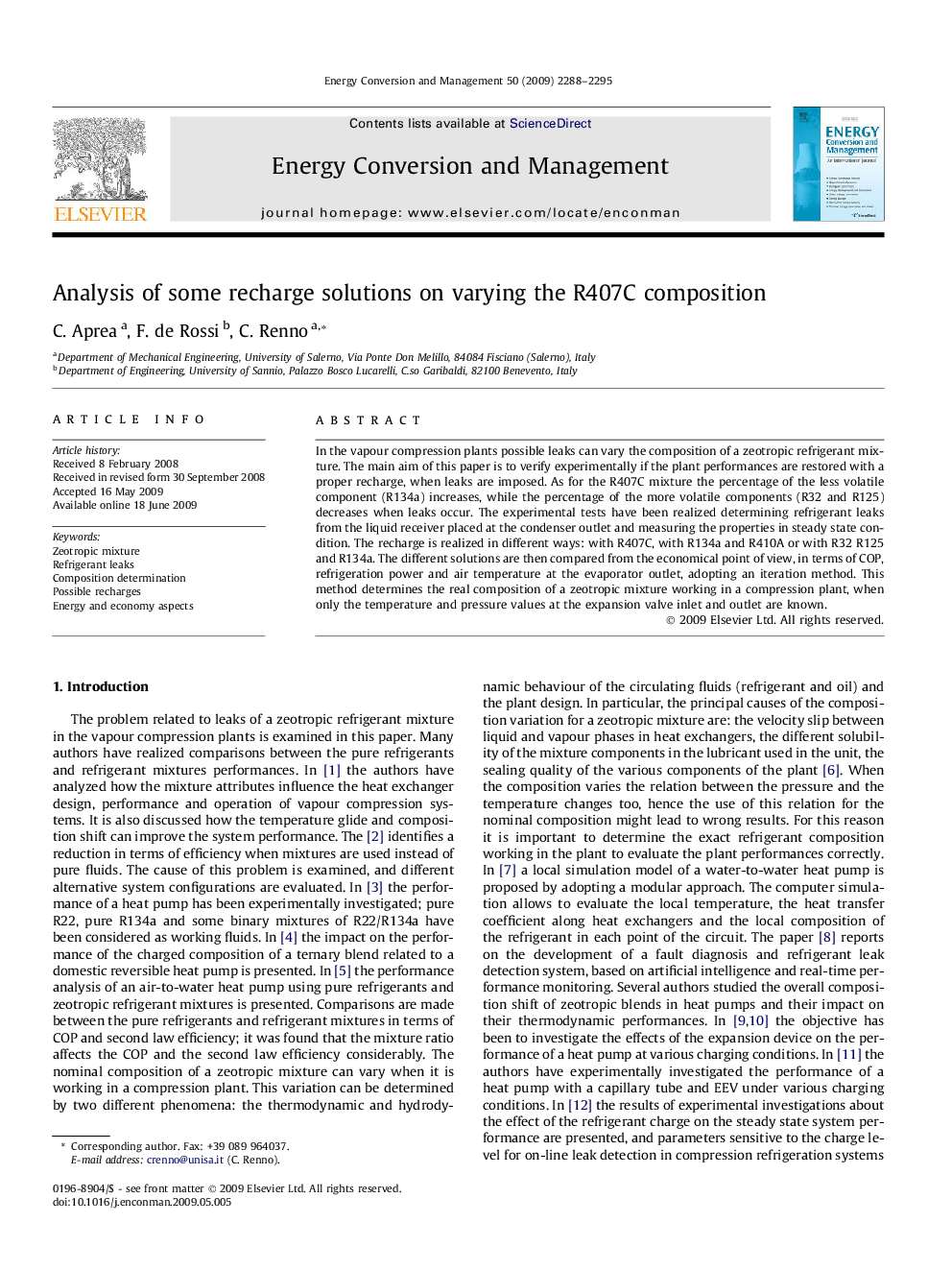 Analysis of some recharge solutions on varying the R407C composition