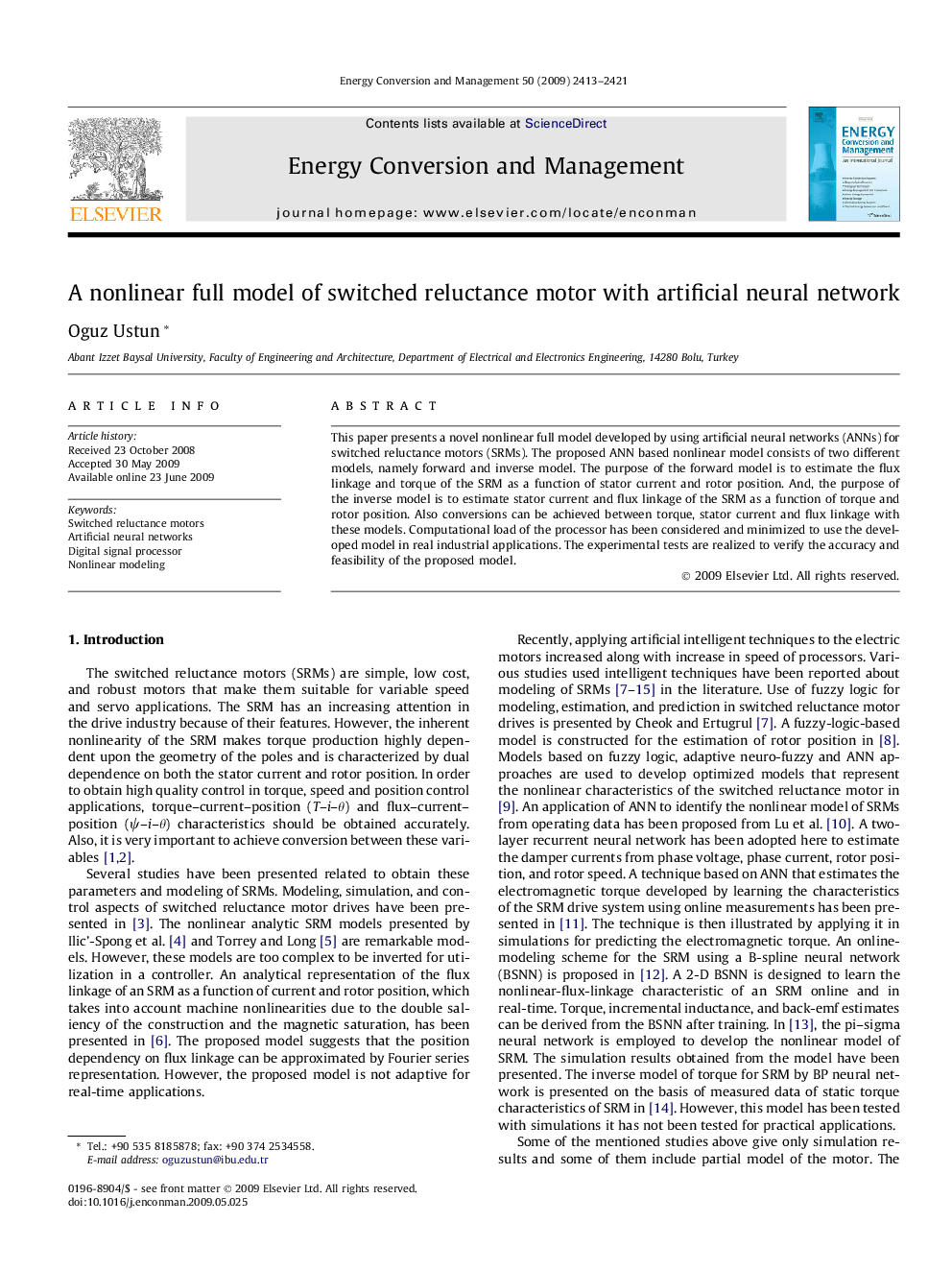 A nonlinear full model of switched reluctance motor with artificial neural network